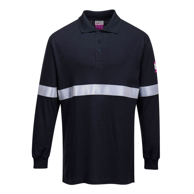 Flame Resistant Anti-Static Long Sleeve Polo Shirt with Reflective Tape - Navy - L R