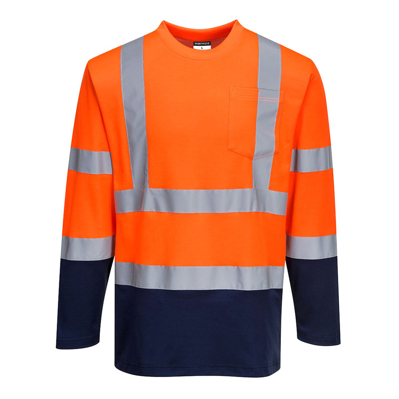 Two-Tone Long Sleeved Cotton Comfort T-Shirt - Orange/Navy - L R
